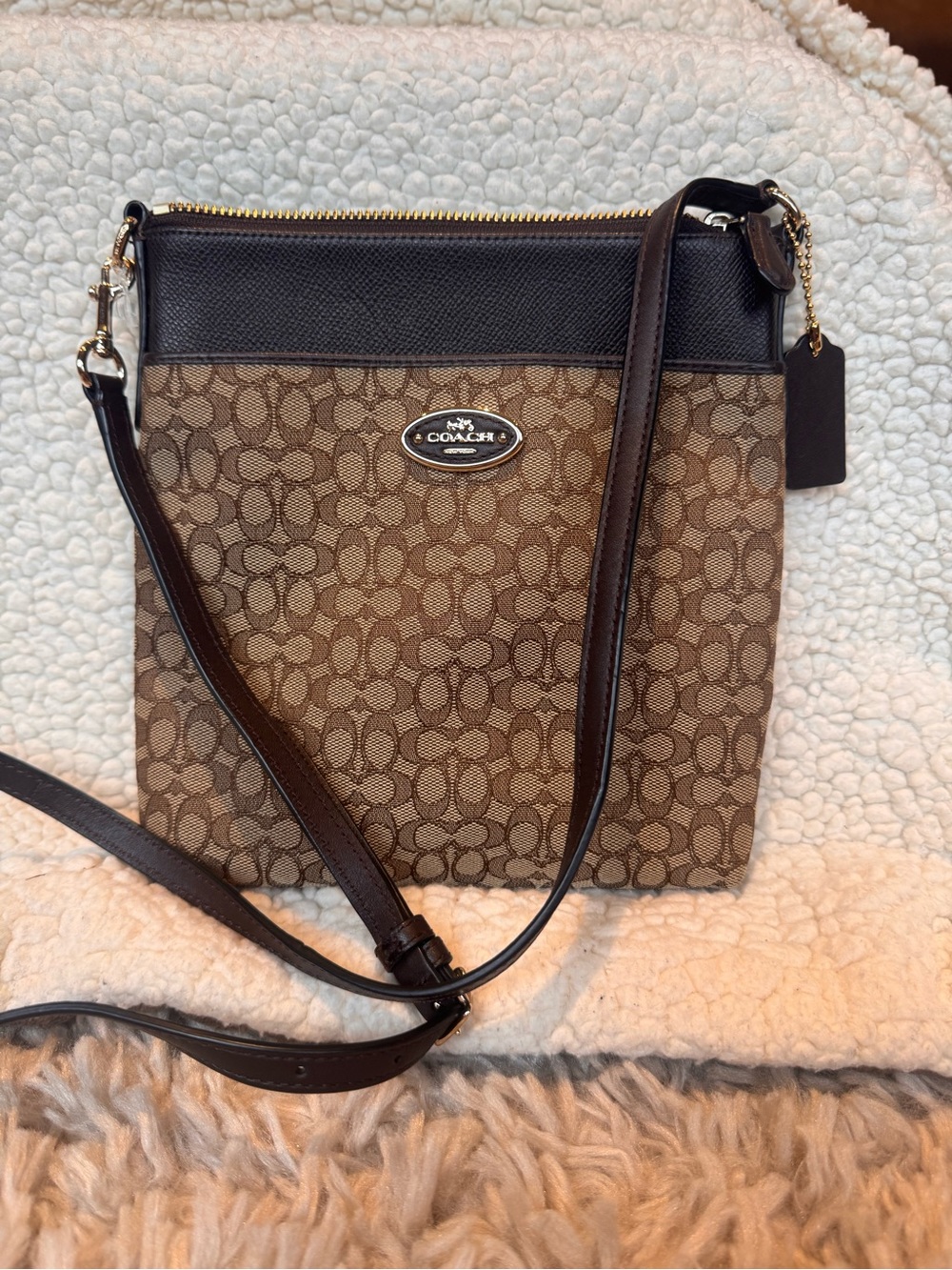 Coach Brown Signature Jacquard Crossbody with Dark Brown Trim
